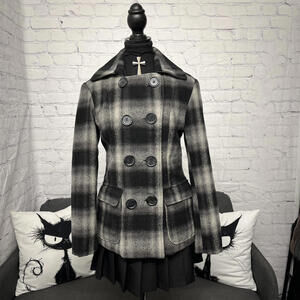 Vintage DCS Series black grey plaid double breasted pea coat size M 30% wool